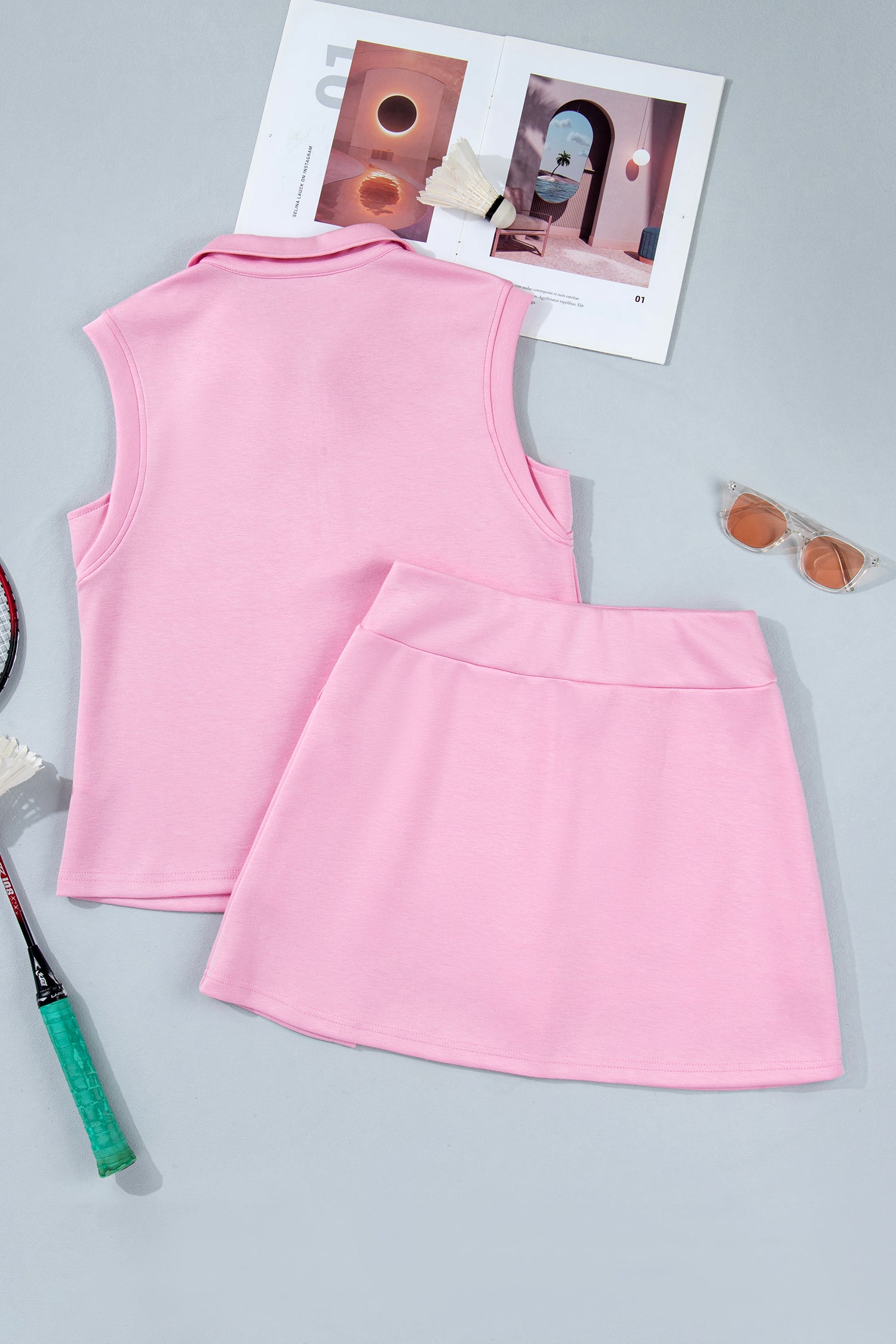 Light Grey Solid Color Sleeveless Zipper Tank and Skort Set