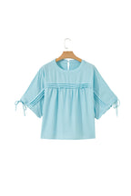 Mist Blue Tie Half Sleeve Pleated Detail Babydoll Blouse