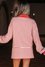 Green Stripe Collared V Neck Drop Shoulder Pullover and Skort 2pcs Outfit
