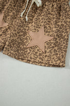 Khaki Leopard Drawstring Elastic Waist Star Patched Shorts