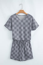 Beige Checkered V Neck Tee Drawstring Shorts Lounge Set