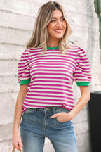 Brown Stripe Short Puff Sleeve Contrast Trim Round Neck Tee