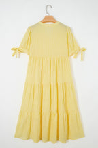 Yellow Gingham Textured Bow Tie Short Sleeve Tiered Midi Dress