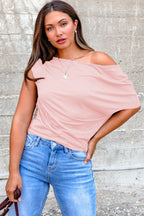 Coffee Plus Size Solid Color Asymmetric Neck Short Sleeve Blouse