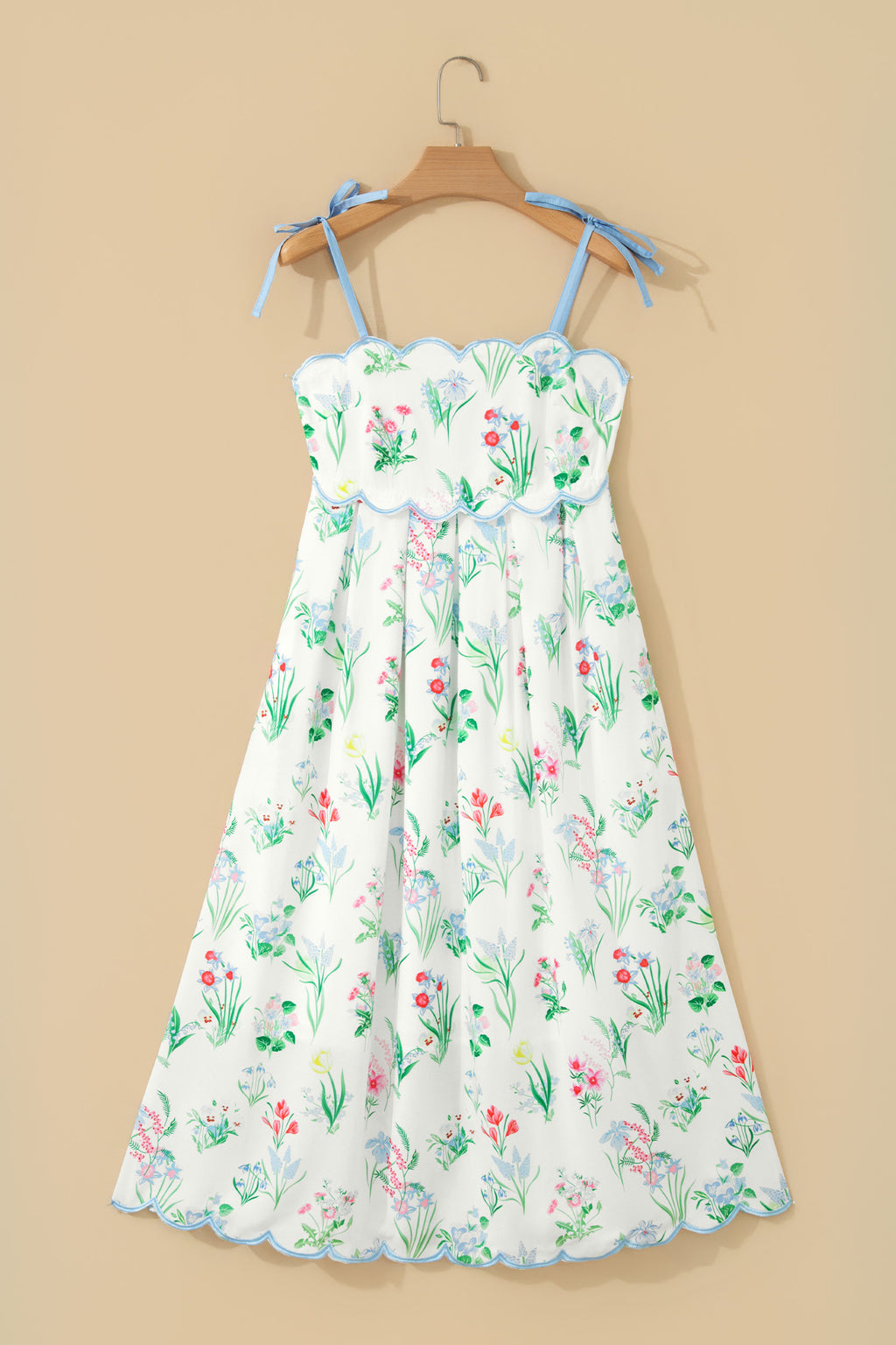 Beige Floral Print Contrast Trim Self-tie Straps High Waist Midi Dress