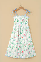 Beige Floral Print Contrast Trim Self-tie Straps High Waist Midi Dress