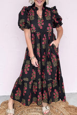 Black Floral Short Bubble Sleeve Tiered Maxi Dress