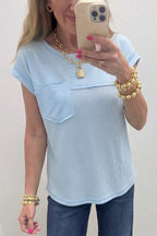 Pink Solid Color Raw Seam Waffled Patchwork Casual T Shirt