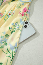 Beige Floral Print Contrast Trim Self-tie Straps High Waist Midi Dress