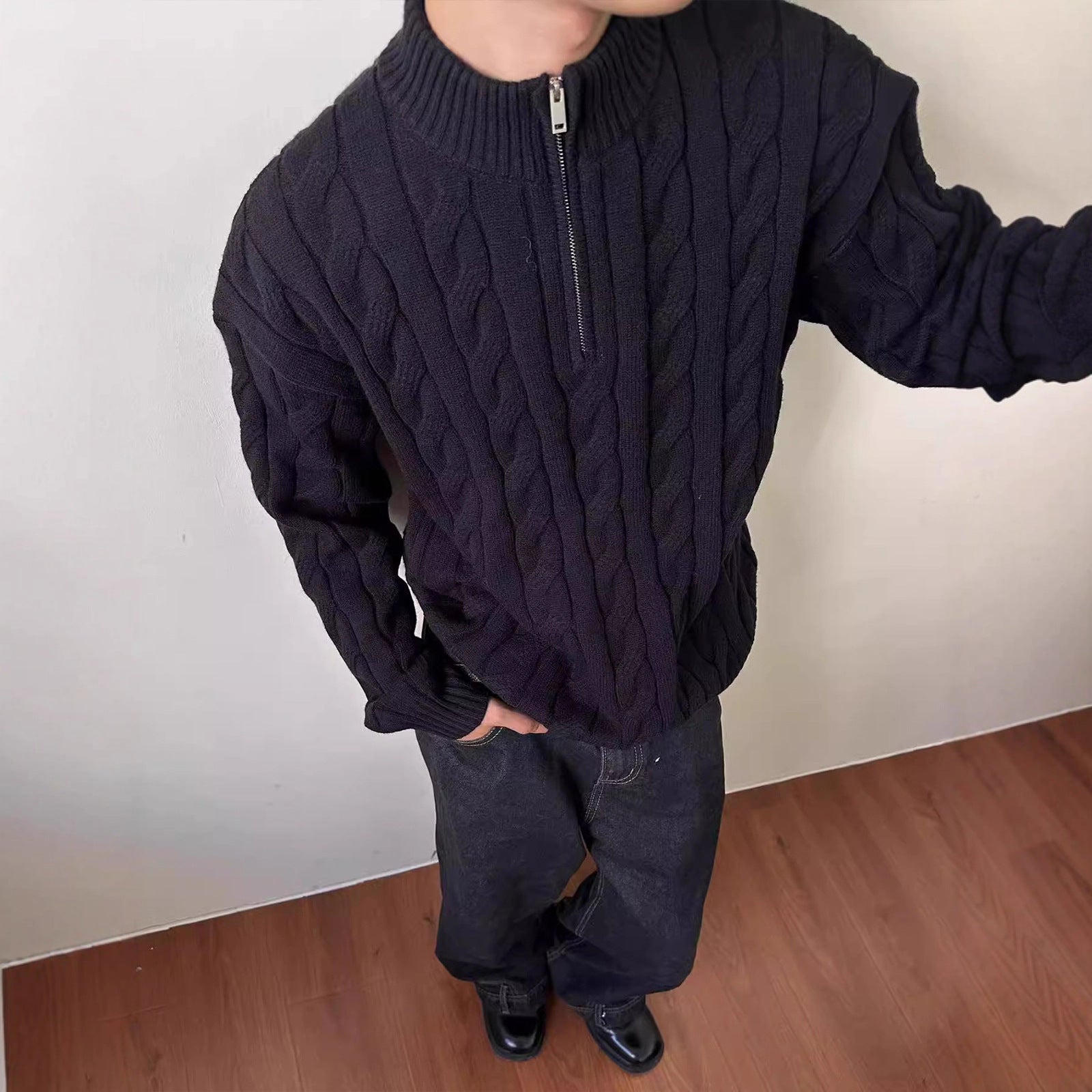 Men's Loose Fit Rich Man Hemp Pattern Coarse Knit Sweater
