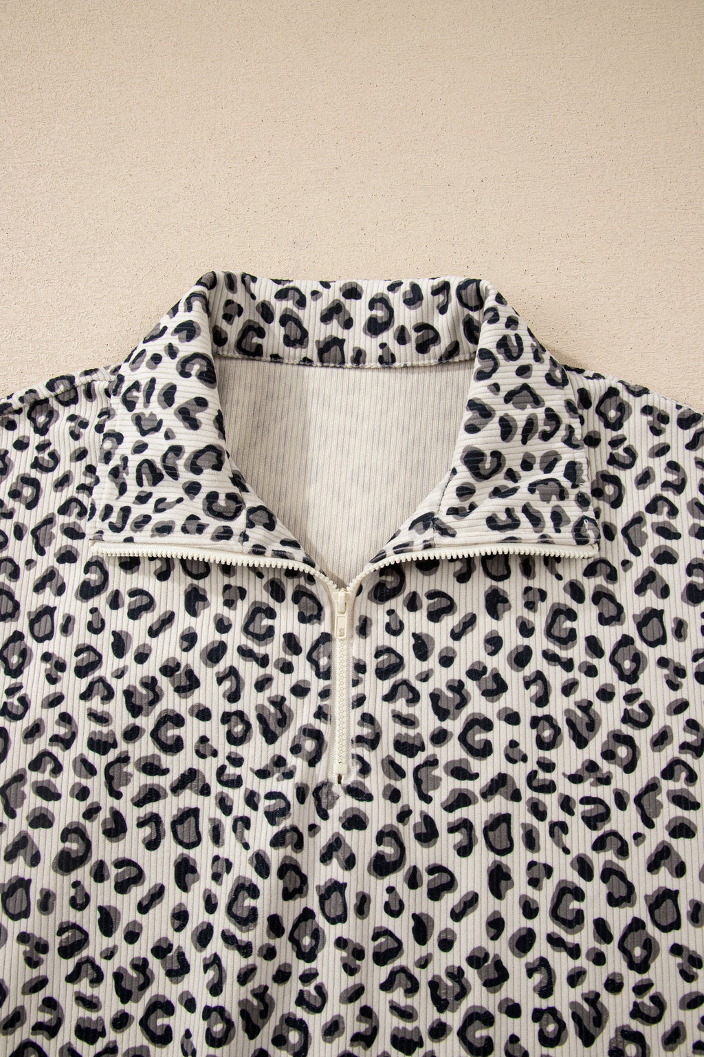 Brown Leopard Print Quarter Zip Corduroy Sweatshirt