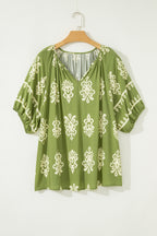 Black Boho Chic Notched V Neck Plus Floral Short Sleeve Top