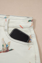 Beige Wild Duck Mallard High Waist Frayed Denim Shorts