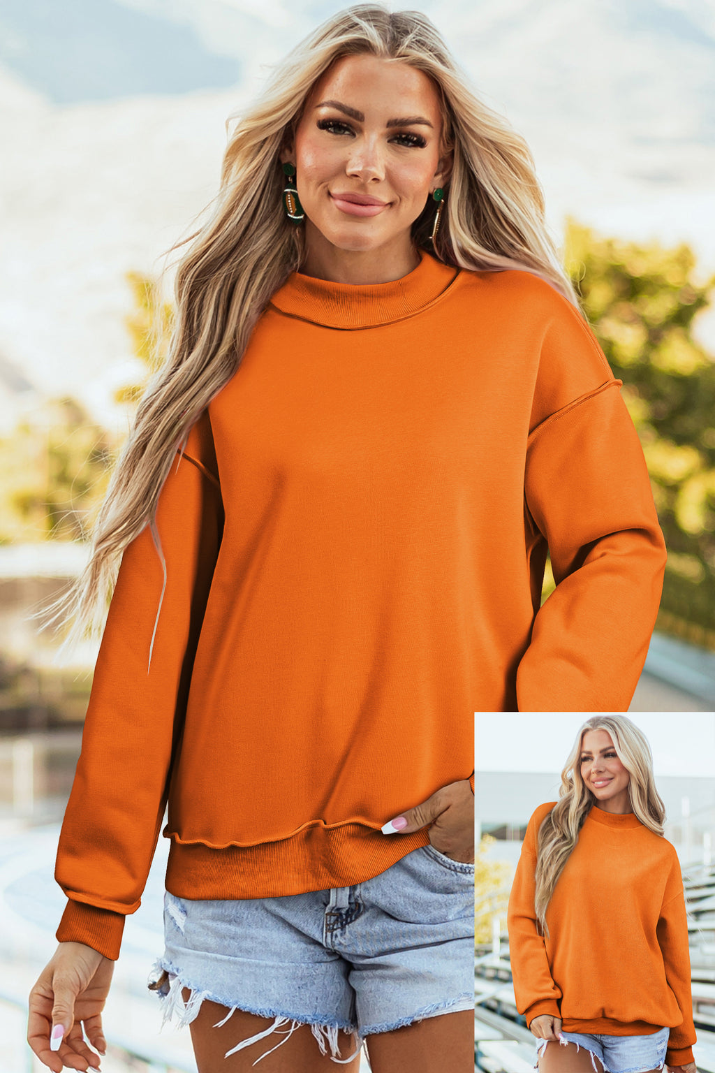 Dark Blue Oversize Drop Shoulder Reversible Mock Neck Sweatshirt