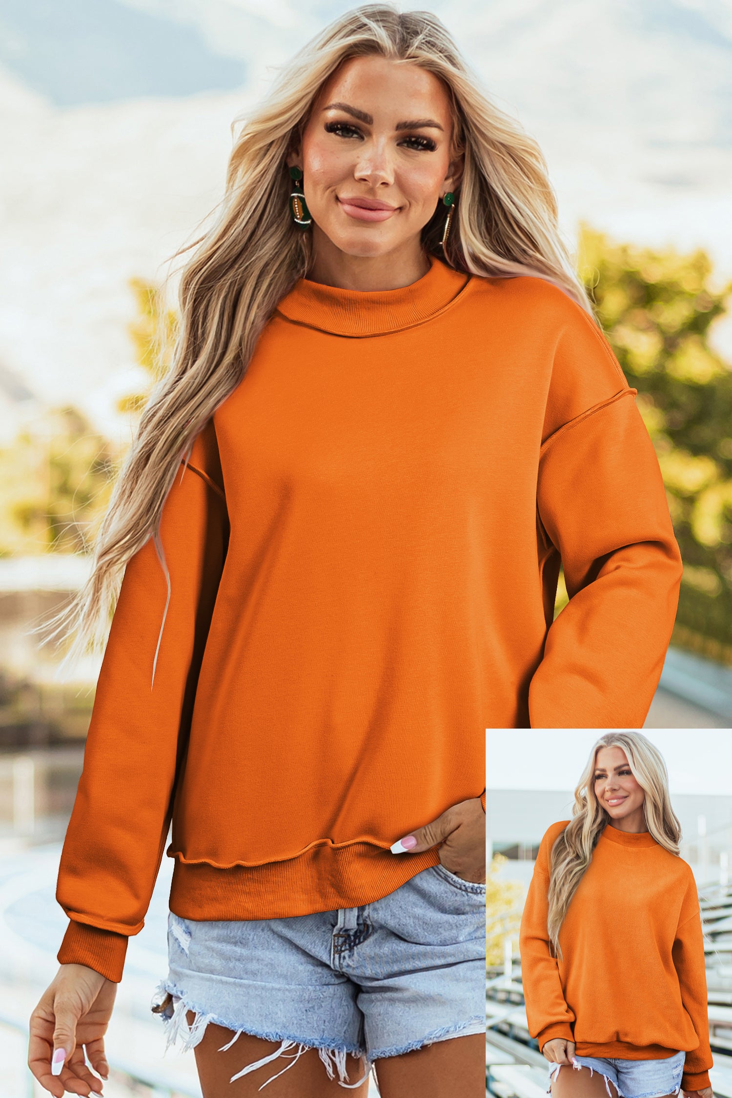 Dark Blue Oversize Drop Shoulder Reversible Mock Neck Sweatshirt