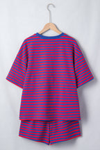 Blue Stripe Striped Ribbed Cotton Two-Piece Short Set with Chest Patch Detail
