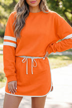 Orange Varsity Stripe Detail Drop Shoulder Pullover Mini Skort Set