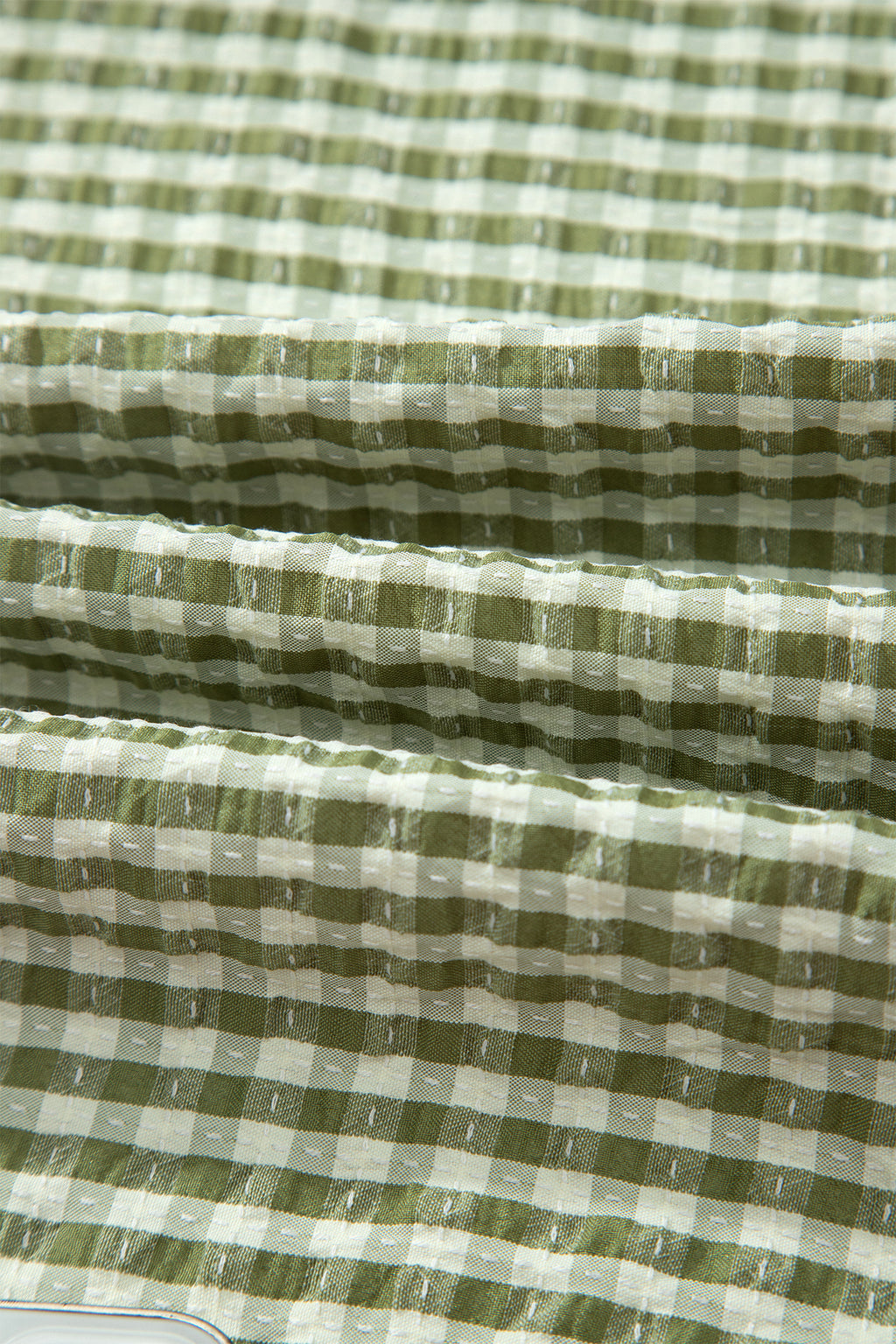 Green Plaid Short Sleeve Colorblock Trim Split Neck Blouse