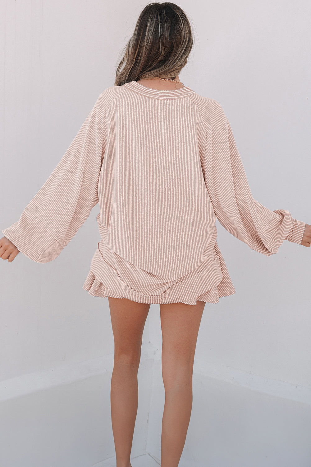 Mist Green Corded Lantern Sleeve Top High Waist Ruffled Mini Skort Set