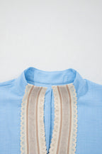 Beau Blue Crochet Lace Accent Pullover Rolled Short Sleeve Blouse