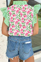 Multicolour Sweet Floral Print Striped Ruffle Trim V Neck Blouse