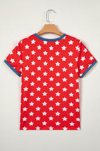 Red Stars Print Colorblock Binding Tape Collar Cuff Viscose Tunic Top