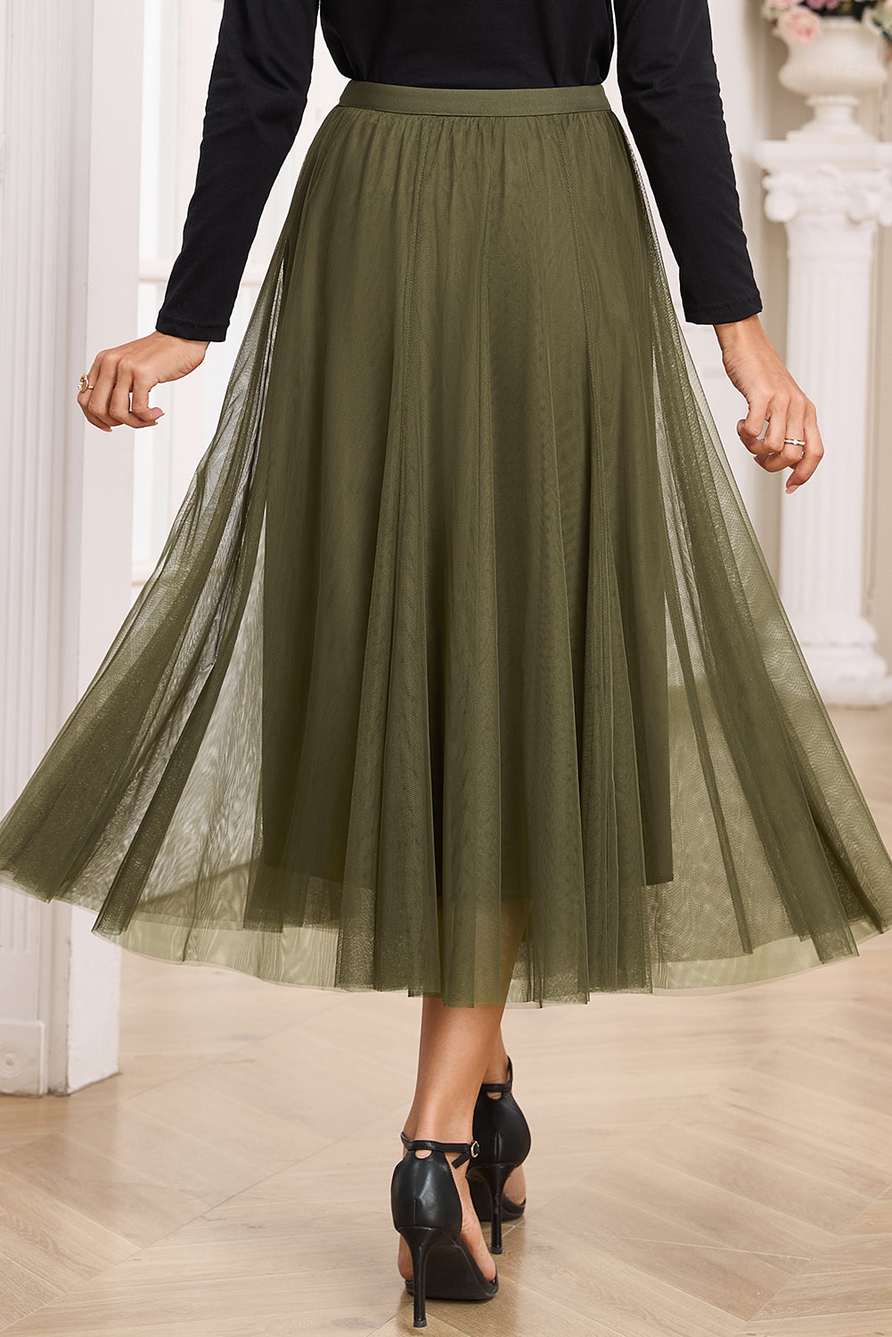Apricot Tulle Mesh Overlay Flared Midi Skirt
