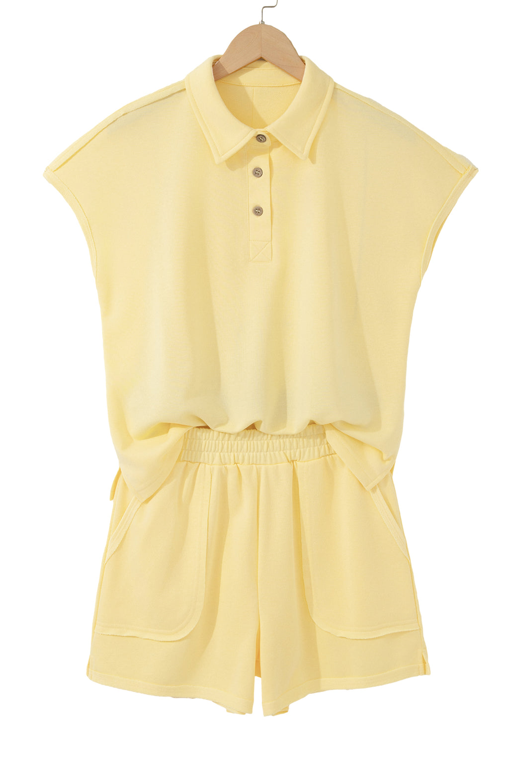 Banana Cream Loose Polo Tee Elastic Waist 2pcs Short Set