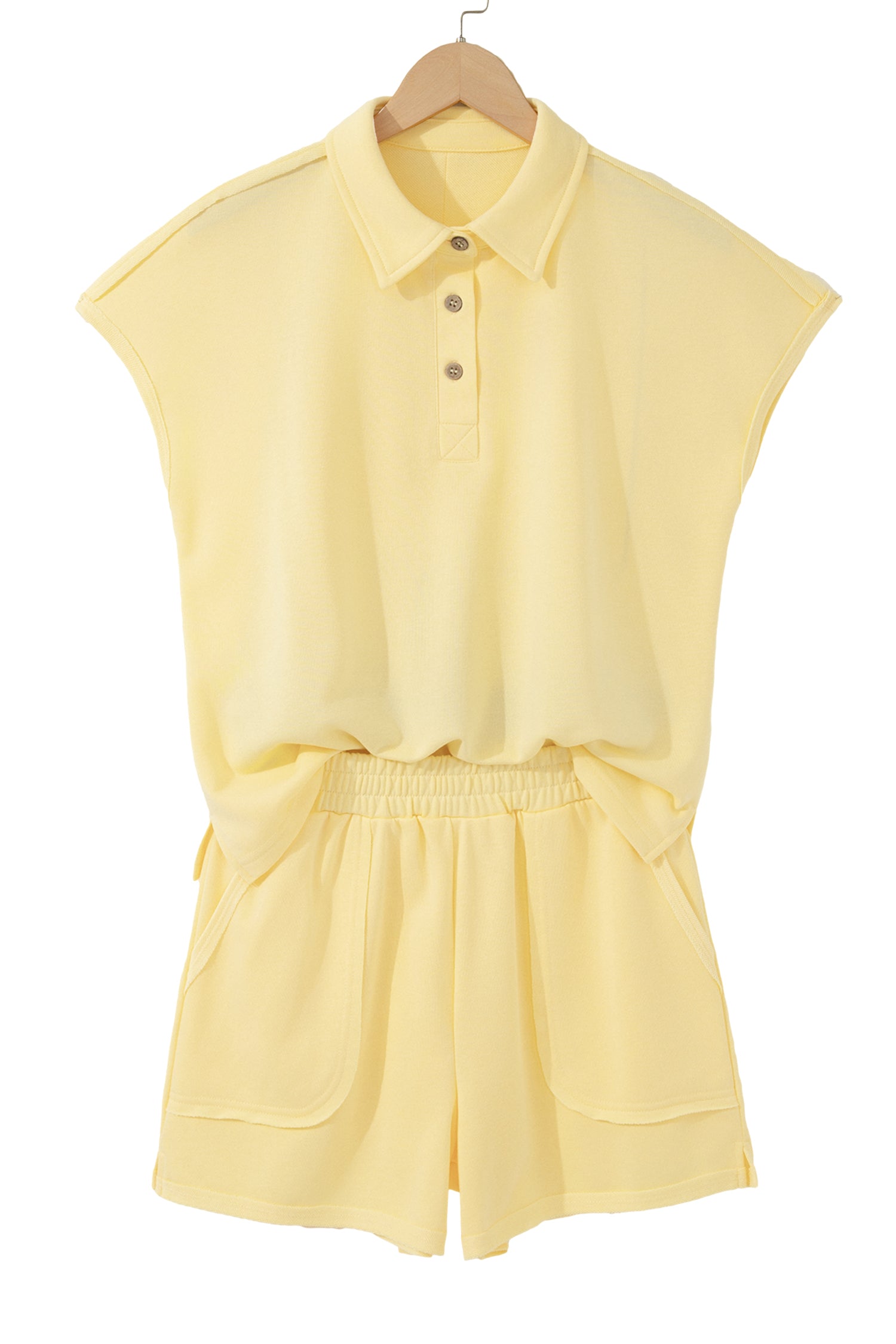 Banana Cream Loose Polo Tee Elastic Waist 2pcs Short Set