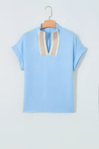 Beau Blue Crochet Lace Accent Pullover Rolled Short Sleeve Blouse