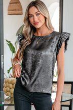 Gold Metallic Round Neck Ruffle Trim Sleeveless Top