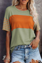 Mint Green Color Block Striped Detail Loose T Shirt