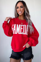 Fiery Red GAMEDAY Embroidered Patch Pattern Casual Shift Sweatshirt