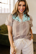 Brown Western Pony Embroidered Yoke Puff Sleeve Gingham Blouse