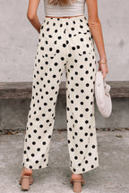 White Polka Dot Print Patched Pocket Mid-rise Straight Leg Pants