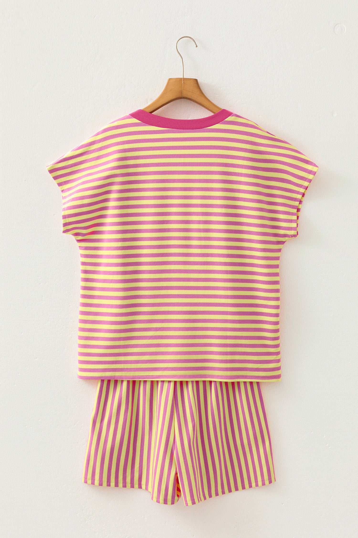 Yellow Stripe Colorblock Trim V Neck Tee Drawstring Elastic Waist Short Set