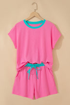 Yellow Cream Soft Ribbed Color Block Trim Casual Short Set