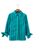 Red Stripe Tie Puff Sleeve Womens Button Down Shirt