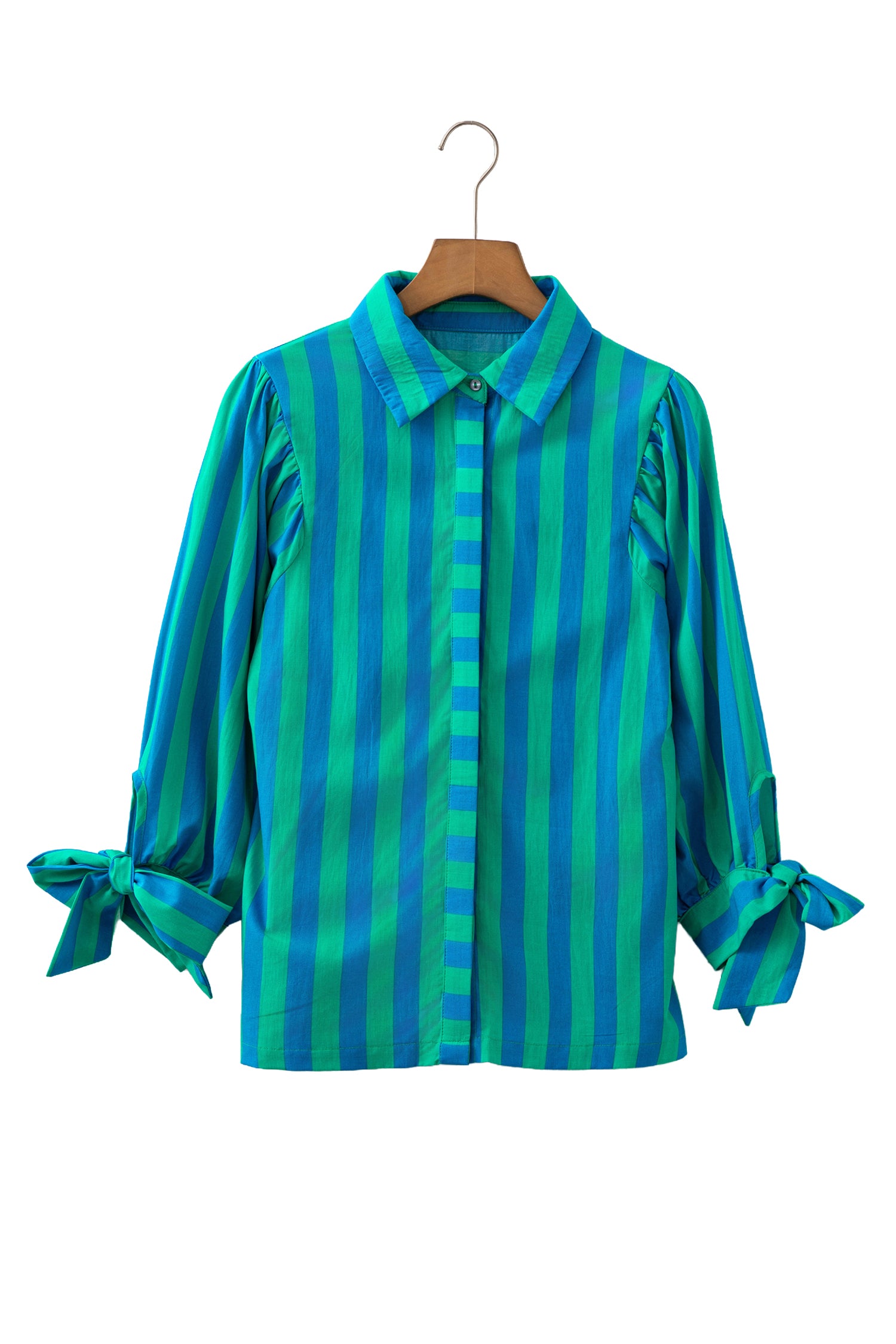Red Stripe Tie Puff Sleeve Womens Button Down Shirt