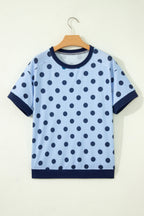 Blue Color Block Trim Polka Dot Casual Tee