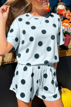 Black Polka Dot Print Loose Tee Drawstring Elastic Waist Short Set