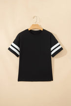 Dark Blue Varsity Striped Short Sleeve Crew Neck T Shirt