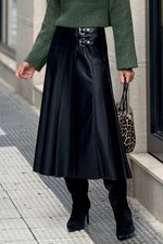 Black Faux Leather Retro Buckle Detail Pleated Stitch Flared Midi Skirt