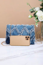 Blue Distressed Lattice Denim Chain Strap Shoulder Bag