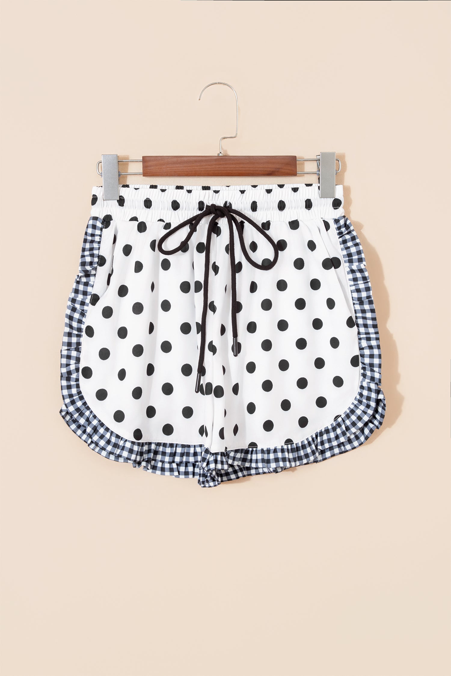 White Polka Dot Contrast Ruffle Trim Shorts