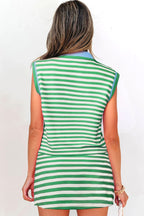 Bright Green Textured Stripe Print Contrast Trim Zip Collar Sleeveless 2pcs Skort Set