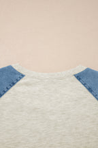 Beige Denim Color Block Patchwork Round Neck Tee