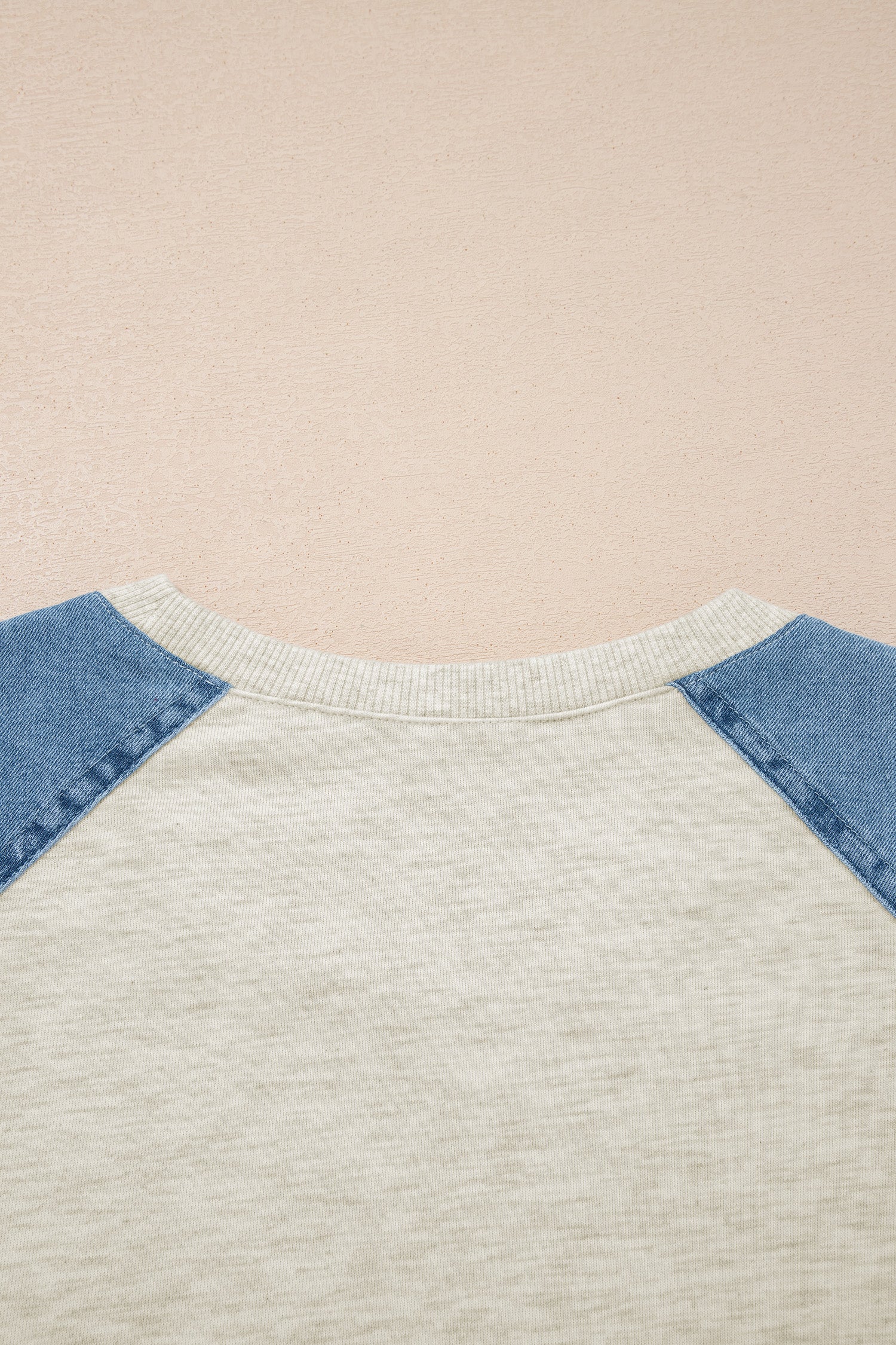 Beige Denim Color Block Patchwork Round Neck Tee