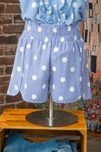 Sky Blue Polka Dot Print Shirred High Waist Casual Shorts