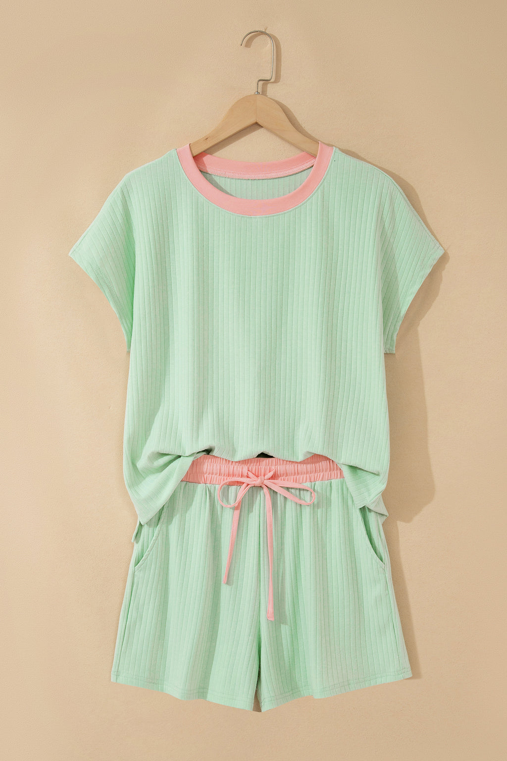 Yellow Cream Soft Ribbed Color Block Trim Casual Short Set